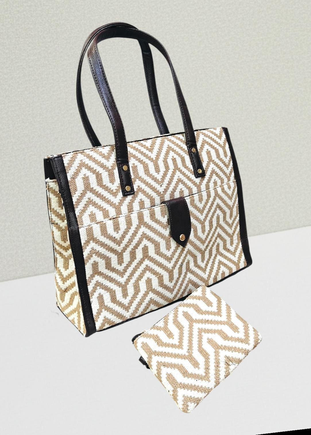 Beige Geometric Tote Bags