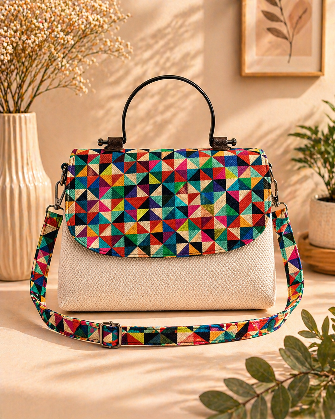 multicolored geometric sling bag