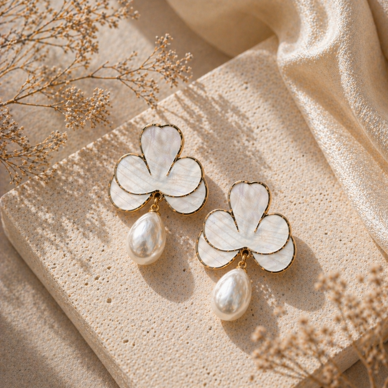 White Floral Pearl Drop Earrings