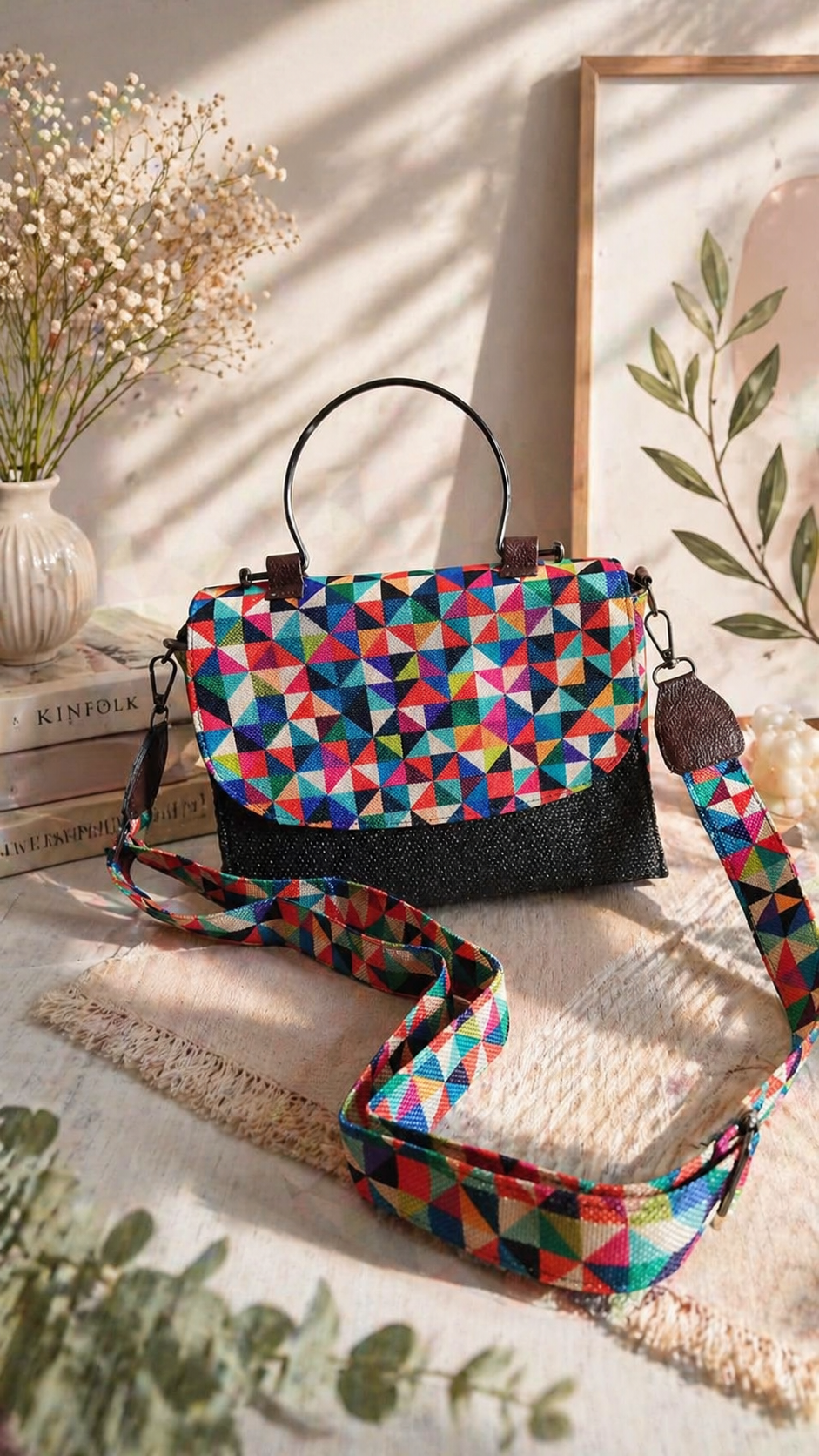 Black Geometric Print Sling Bag